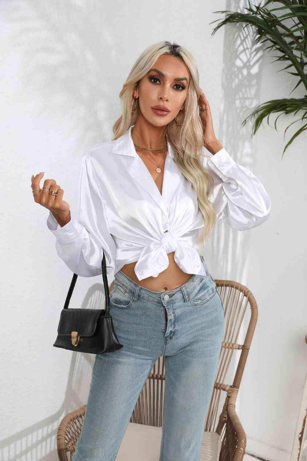 Lapel Collar Button Up Long Sleeve Shirt - Trendsi - Flyclothing LLC