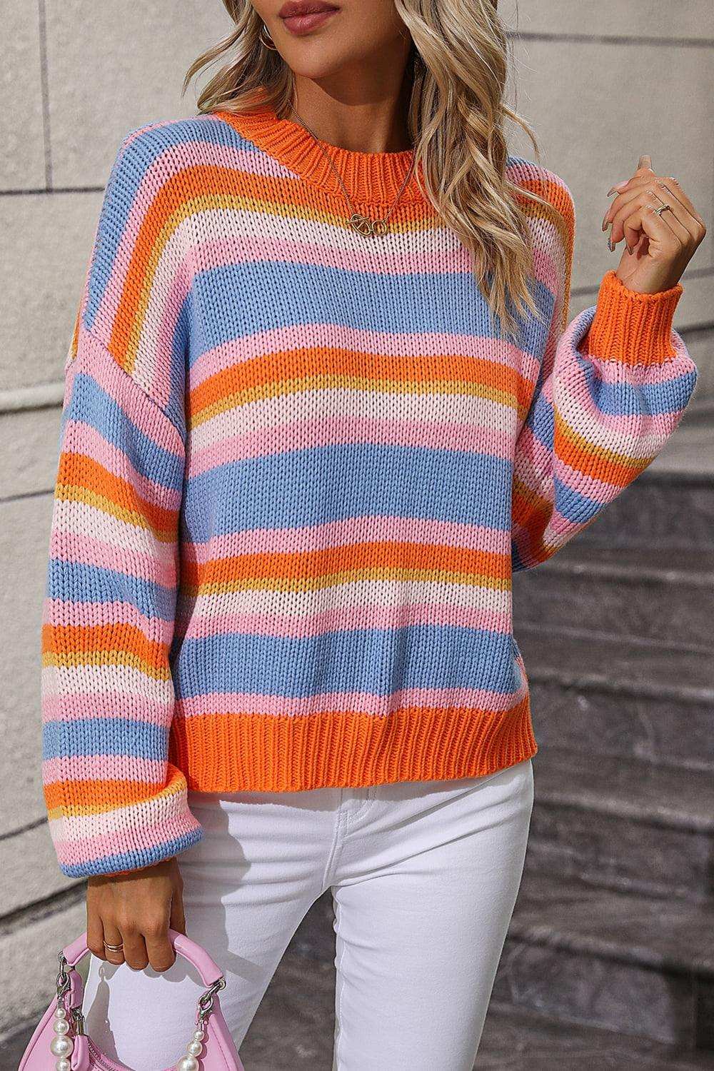 Striped Round Neck Dropped Shoulder Sweater - Trendsi - Flyclothing LLC