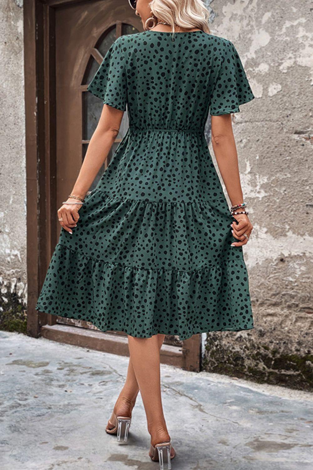 Printed Buttoned V-Neck Flutter Sleeve Dress - Trendsi