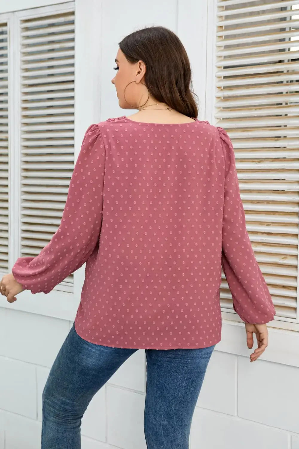 Plus Size Lace Trim V-Neck Balloon Sleeve Blouse - Trendsi - Flyclothing LLC