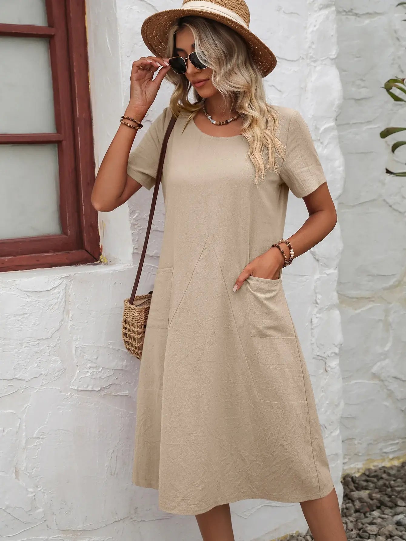 Round Neck Short Sleeve Dress with Pockets - Trendsi - Flyclothing LLC