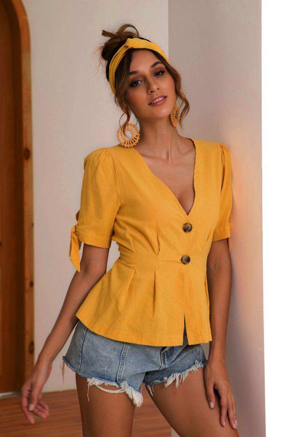 Buttoned V-Neck Short Sleeve Blouse - Trendsi - Flyclothing LLC