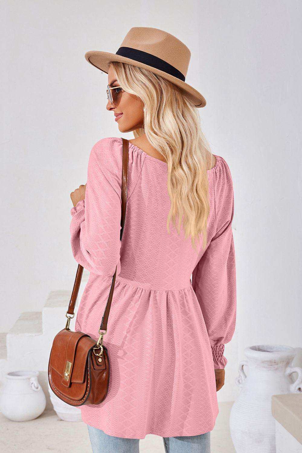 V-Neck Lantern Sleeve Blouse - Trendsi - Flyclothing LLC