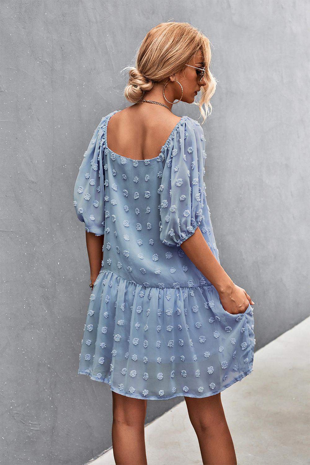 Swiss Dot Square Neck Half Balloon Sleeve Dress - Trendsi - Flyclothing LLC