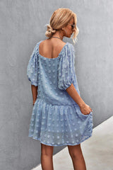 Swiss Dot Square Neck Half Balloon Sleeve Dress - Trendsi - Flyclothing LLC