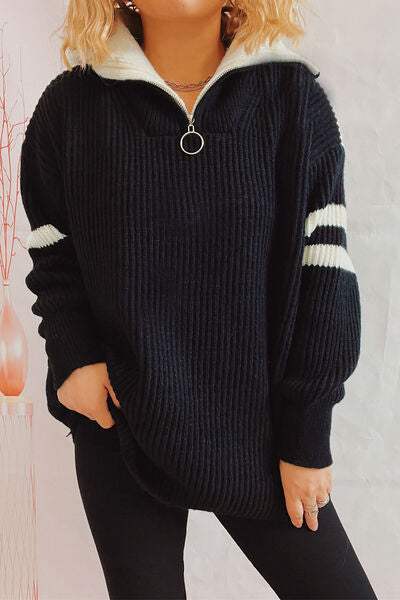 Quarter Zip Striped Dropped Shoulder Sweater - Trendsi - Flyclothing LLC