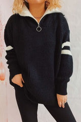 Quarter Zip Striped Dropped Shoulder Sweater - Trendsi