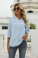 Swiss Dot Notched Neck Three-Quarter Sleeve Blouse - Trendsi - Flyclothing LLC