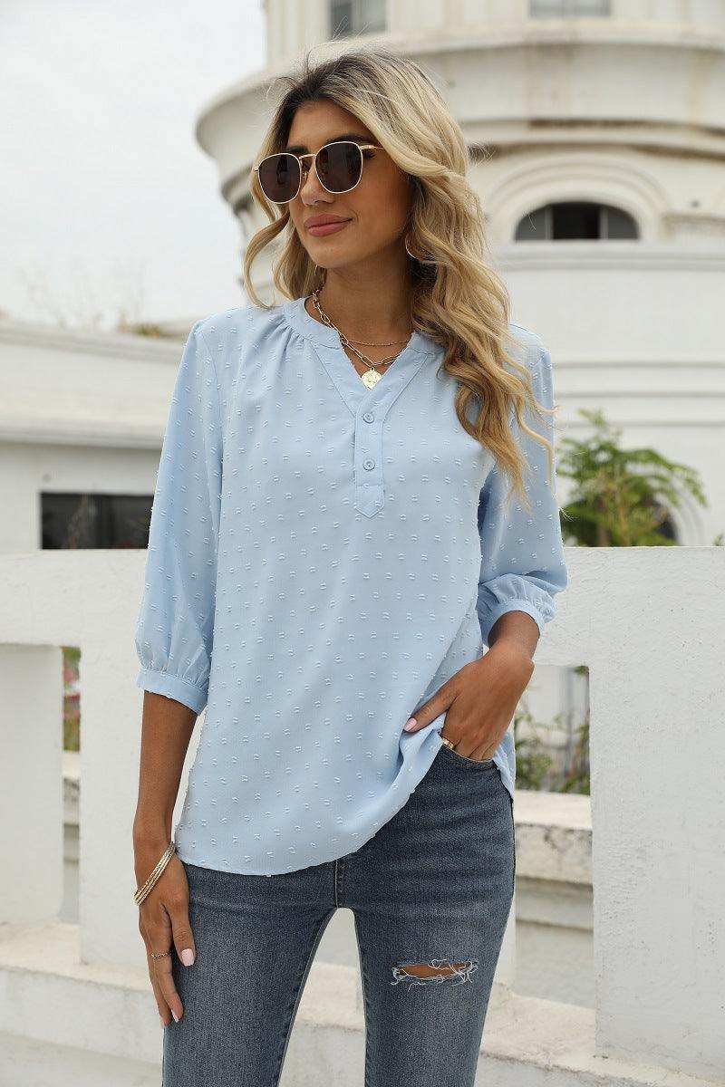 Swiss Dot Notched Neck Three-Quarter Sleeve Blouse - Trendsi - Flyclothing LLC