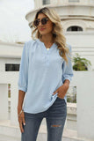 Swiss Dot Notched Neck Three-Quarter Sleeve Blouse - Trendsi - Flyclothing LLC