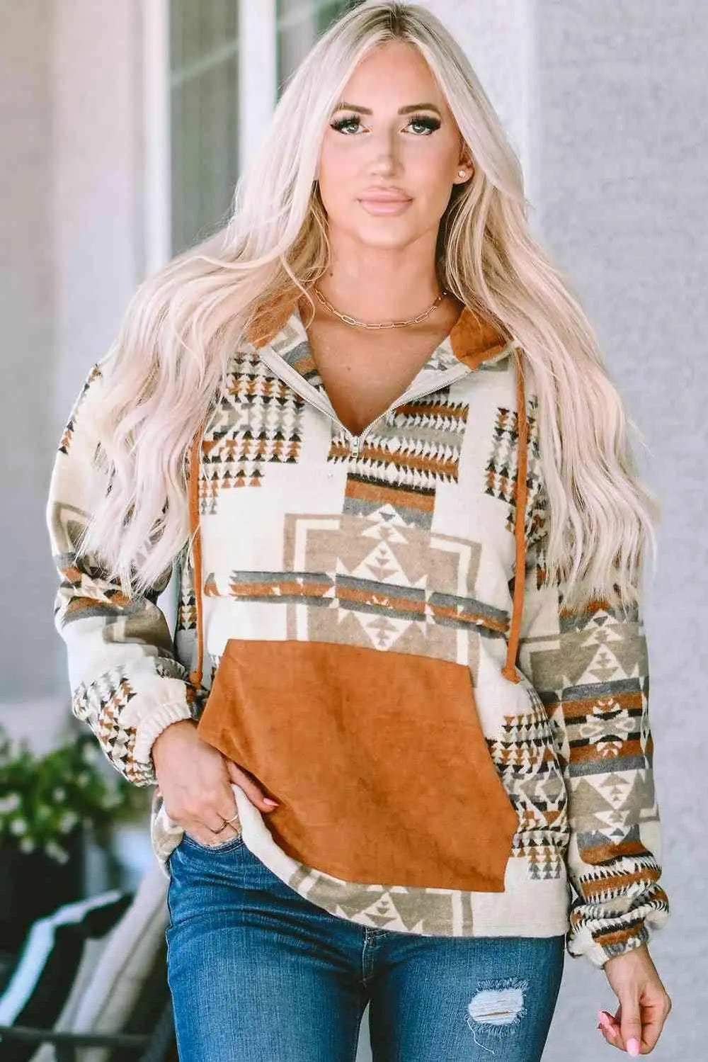 Geometric Quarter-Zip Hoodie - Trendsi - Flyclothing LLC