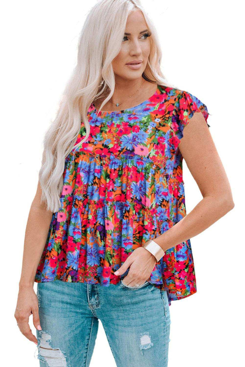 Floral Round Neck Frill Trim Blouse - Trendsi - Flyclothing LLC