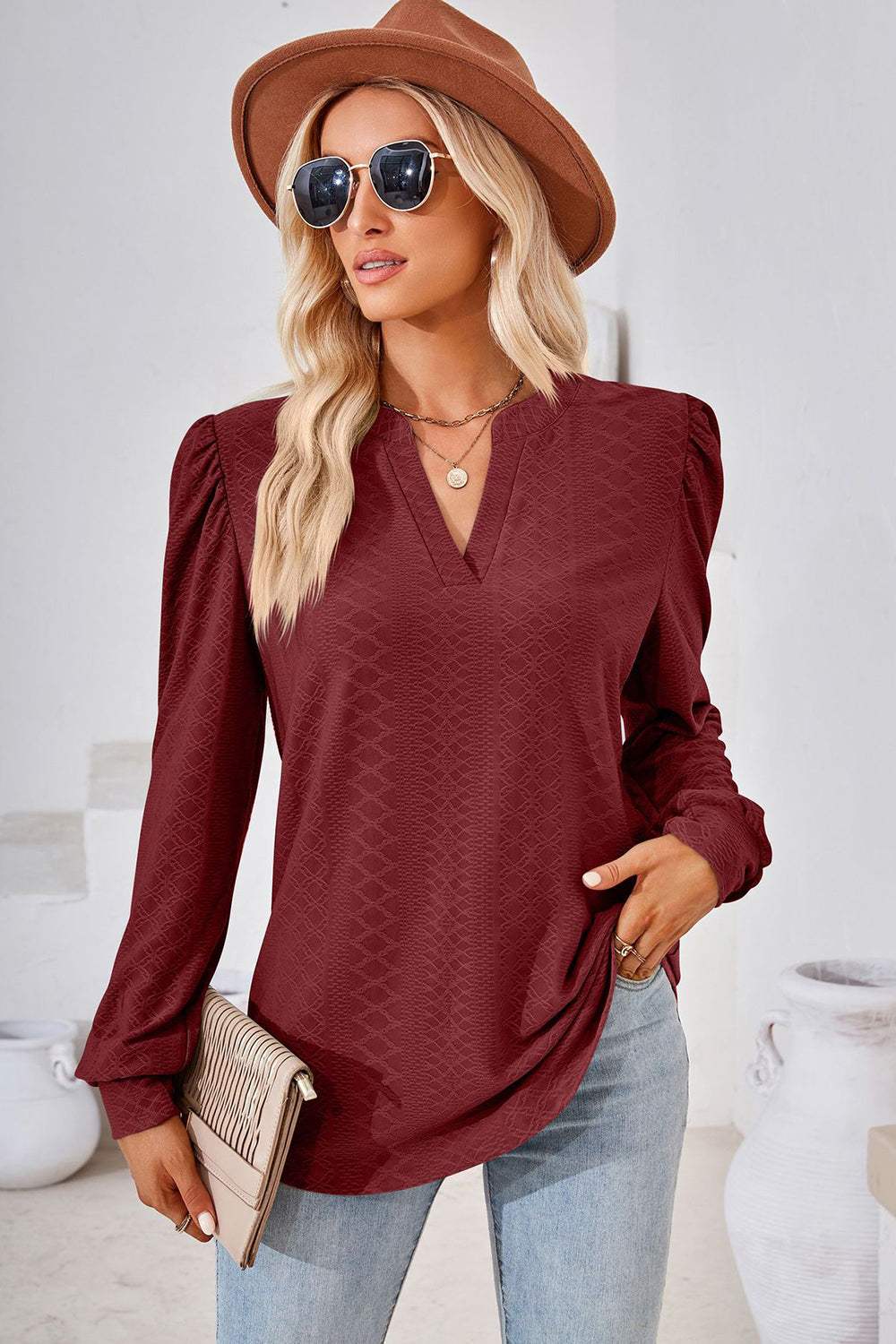 Notched Long Sleeve T-Shirt - Trendsi - Flyclothing LLC