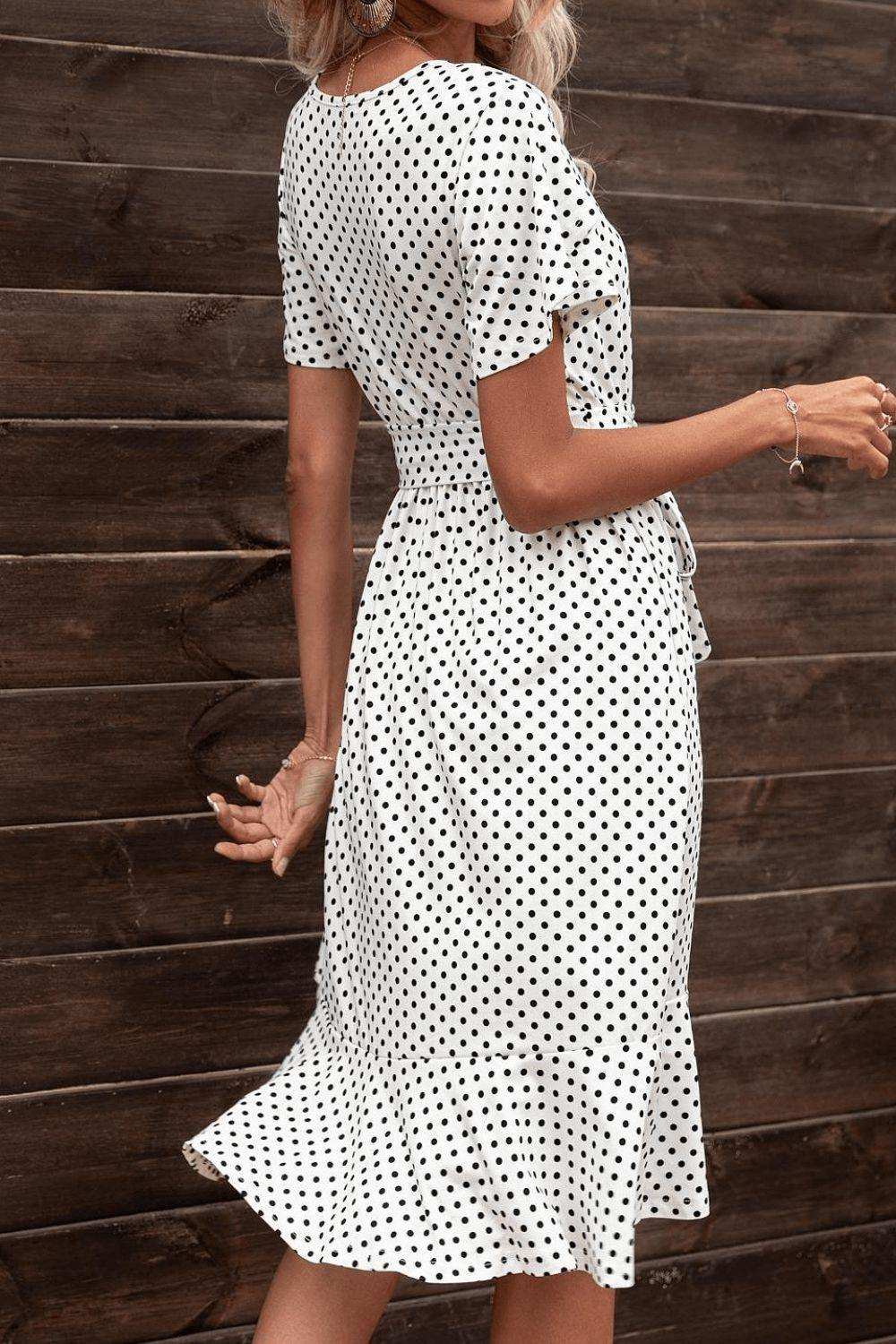 Tie Waist Petal Sleeve Ruffle Hem Dress - Trendsi - Flyclothing LLC