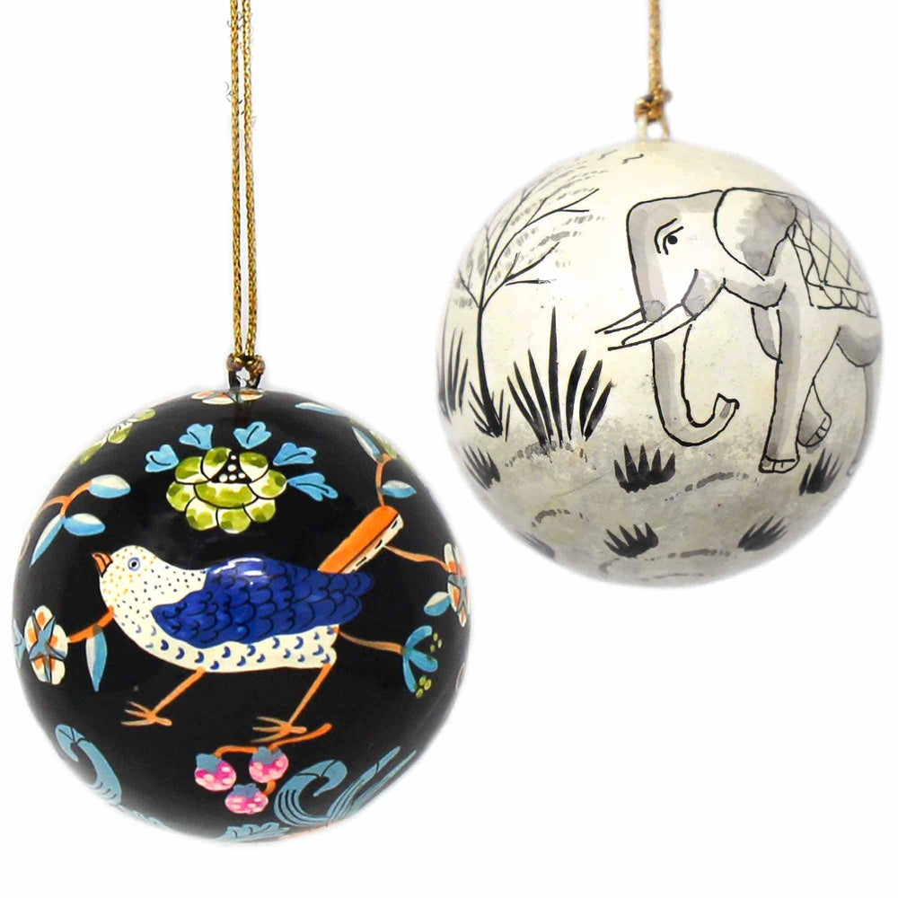 Handpainted Elephant & Bird Ornaments, Set of 2 - Asha Handicrafts