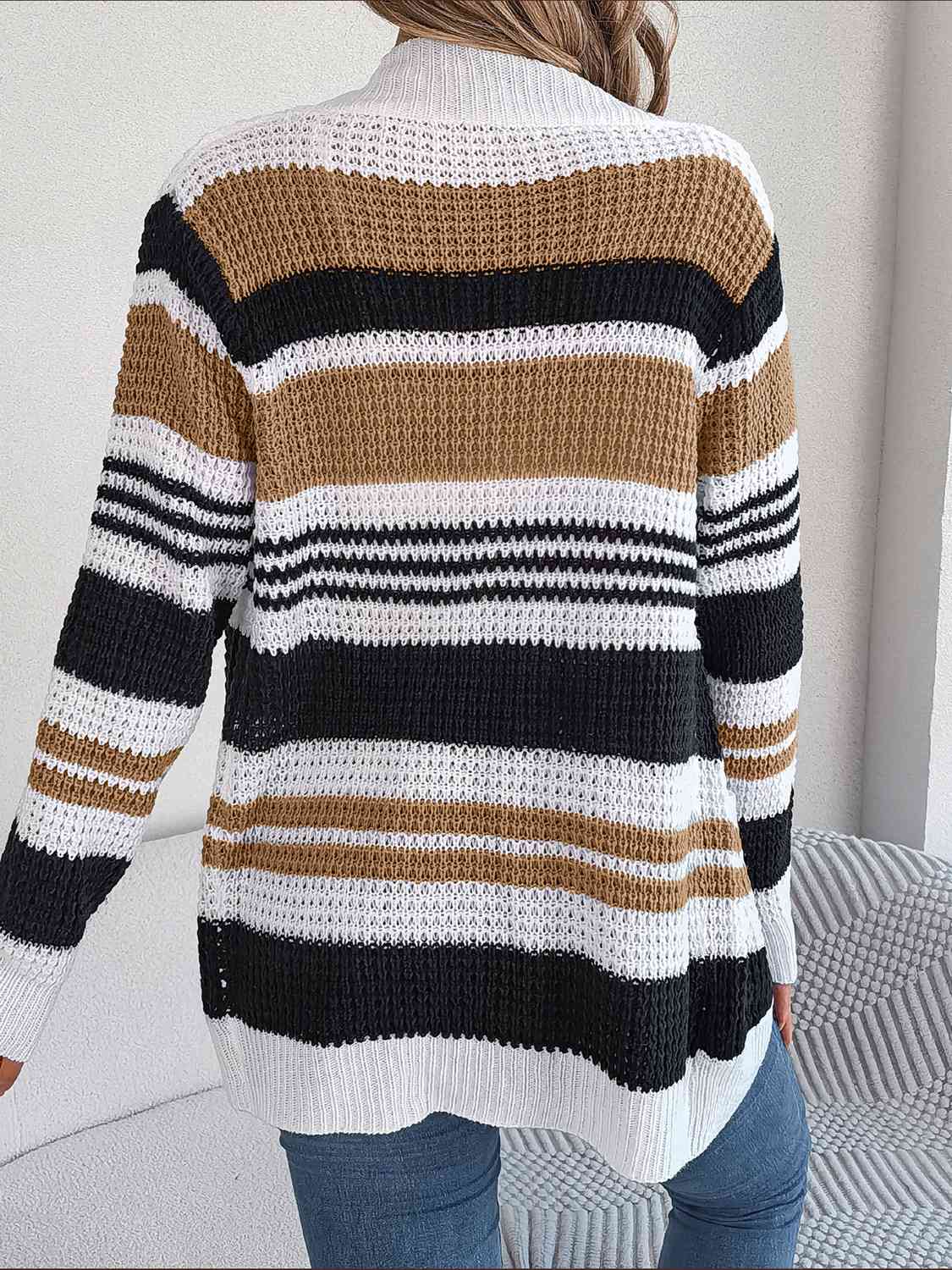 Striped Open Front Long Sleeve Cardigan - Trendsi - Flyclothing LLC