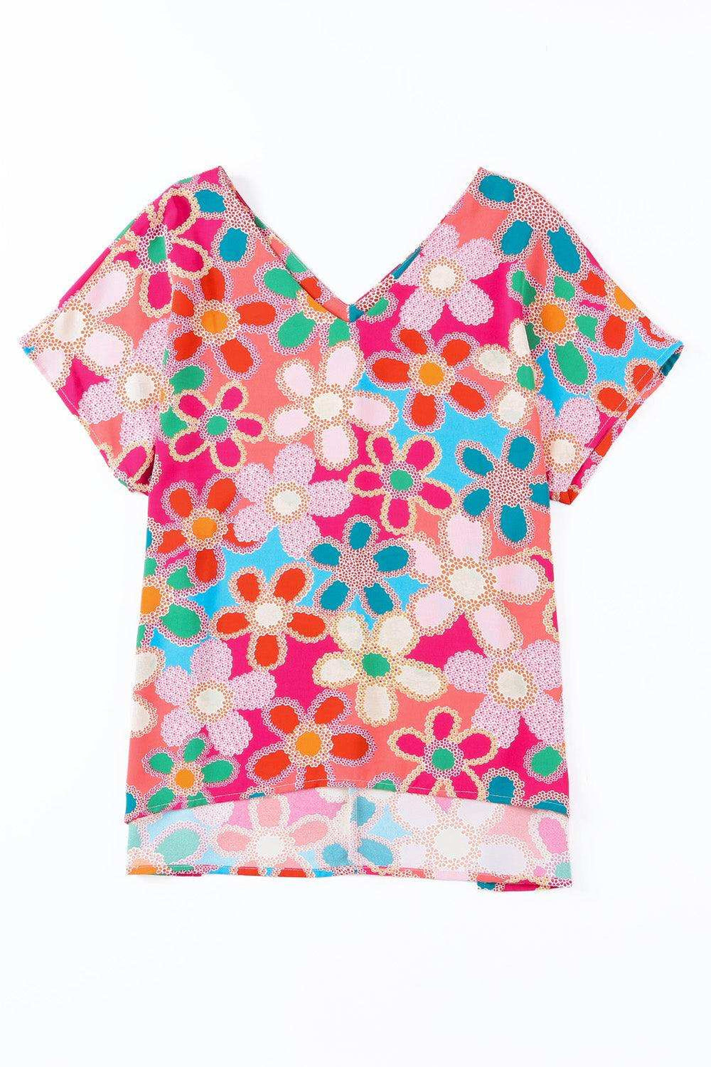 High-Low V-Neck Short Sleeve Blouse - Trendsi - Flyclothing LLC