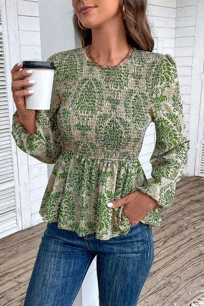 Smocked Printed Balloon Sleeve Blouse - Trendsi - Flyclothing LLC