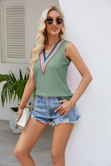 Contrast Eyelet V-Neck Tank - Trendsi - Flyclothing LLC