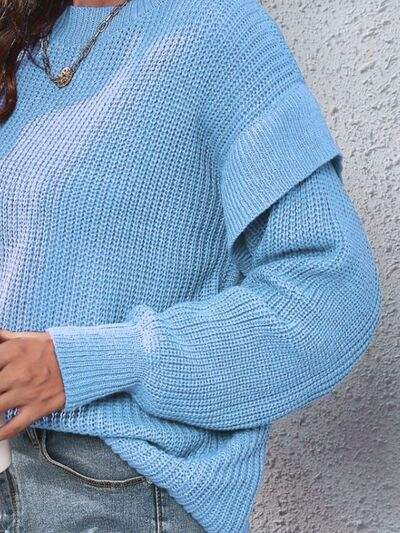 Ruffled Round Neck Dropped Shoulder Sweater - Trendsi - Flyclothing LLC
