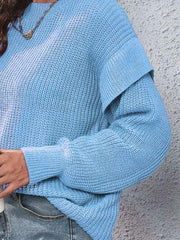 Ruffled Round Neck Dropped Shoulder Sweater - Trendsi
