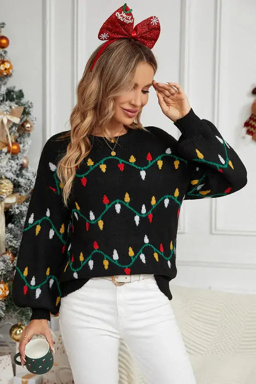 Round Neck Pattern Lantern Sleeve Sweater - Trendsi - Flyclothing LLC