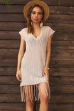 Fringe Hem Short Sleeve Deep V Cover Up Dress - Trendsi