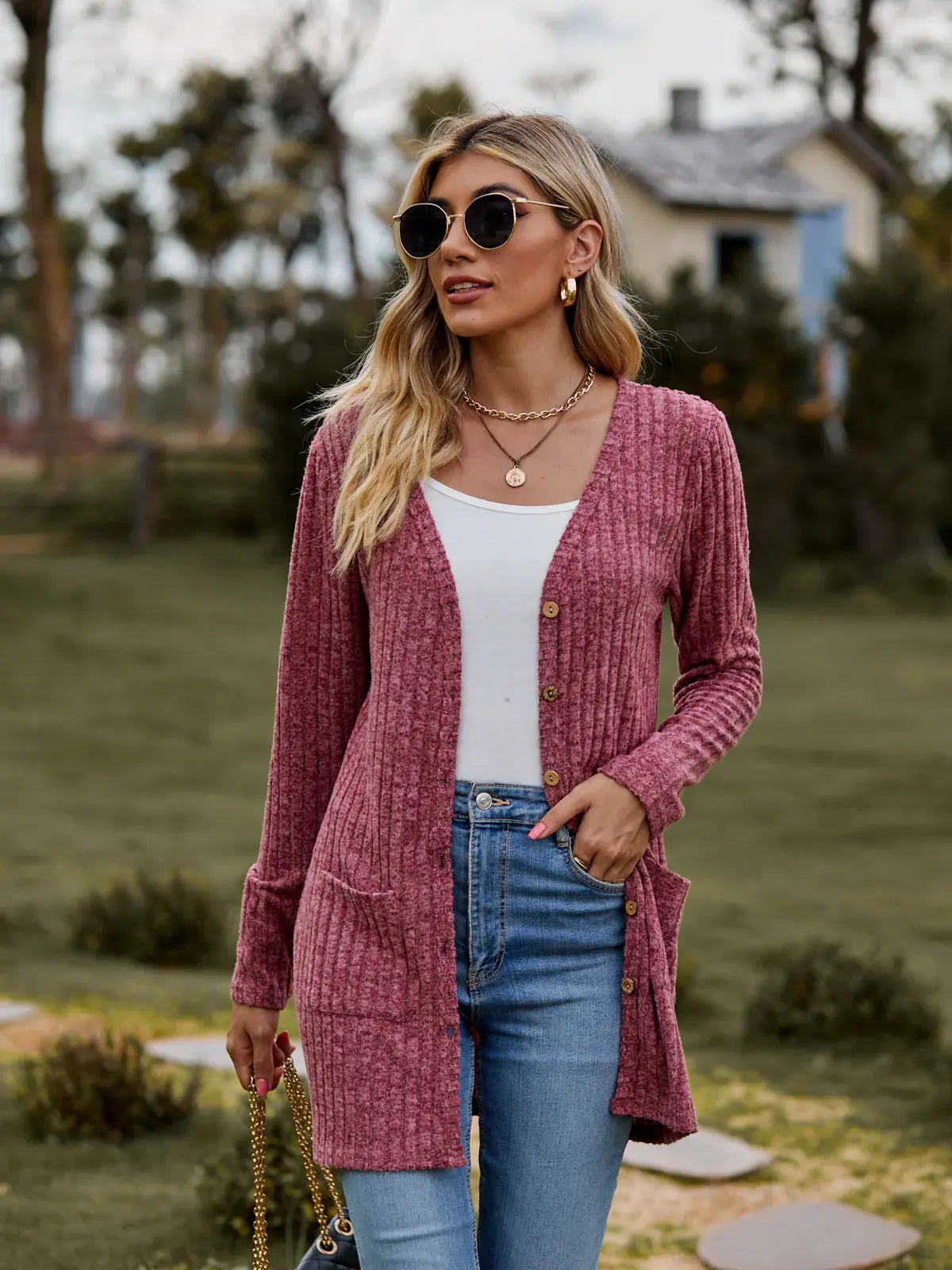 Ribbed Button-UP Caradigan with Pockets - Trendsi - Flyclothing LLC