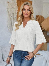 Eyelet Notched Half Sleeve T-Shirt - Trendsi - Flyclothing LLC