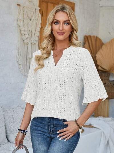 Eyelet Notched Half Sleeve T-Shirt - Trendsi - Flyclothing LLC