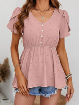 Swiss Dot Buttoned Petal Sleeve Peplum Blouse - Trendsi - Flyclothing LLC