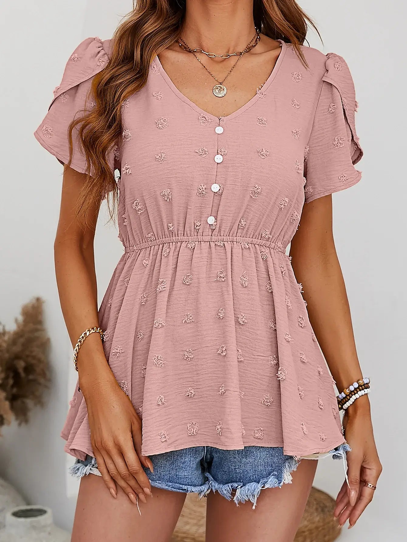 Swiss Dot Buttoned Petal Sleeve Peplum Blouse - Trendsi - Flyclothing LLC