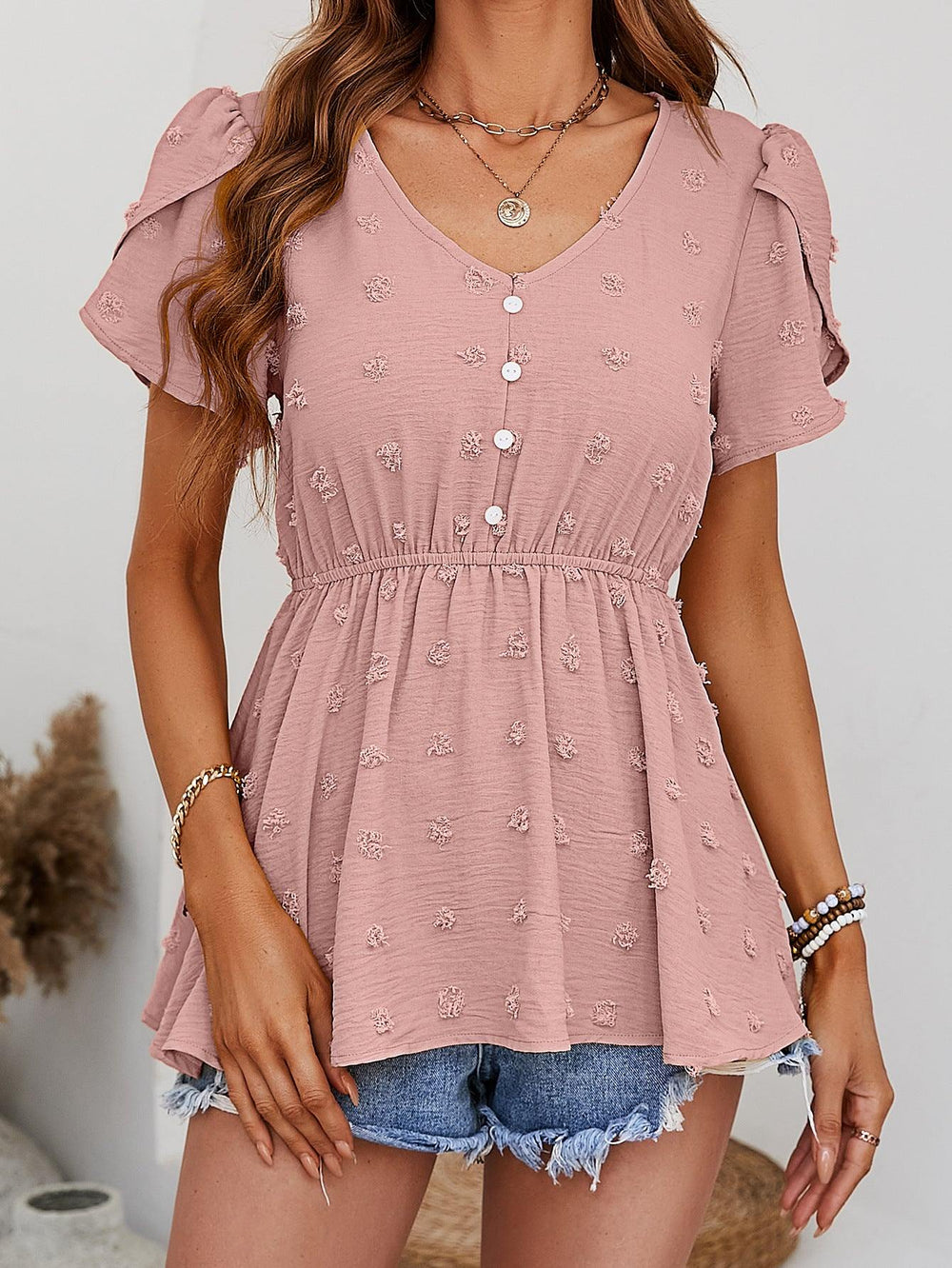 Swiss Dot Buttoned Petal Sleeve Peplum Blouse - Trendsi