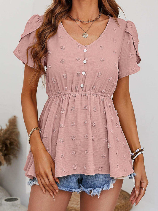 Swiss Dot Buttoned Petal Sleeve Peplum Blouse - Trendsi - Flyclothing LLC