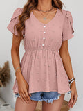 Swiss Dot Buttoned Petal Sleeve Peplum Blouse - Trendsi