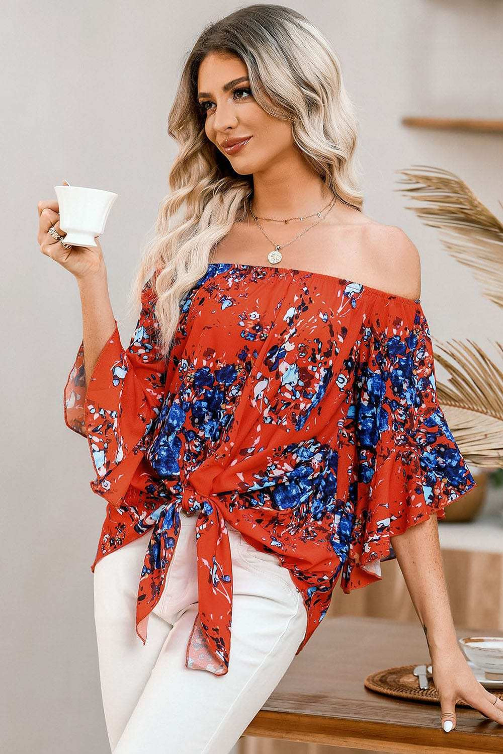 Tied Printed Off-Shoulder Half Sleeve Blouse - Trendsi - Flyclothing LLC