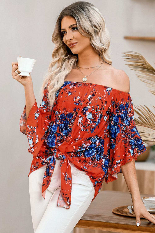 Tied Printed Off-Shoulder Half Sleeve Blouse - Trendsi - Flyclothing LLC