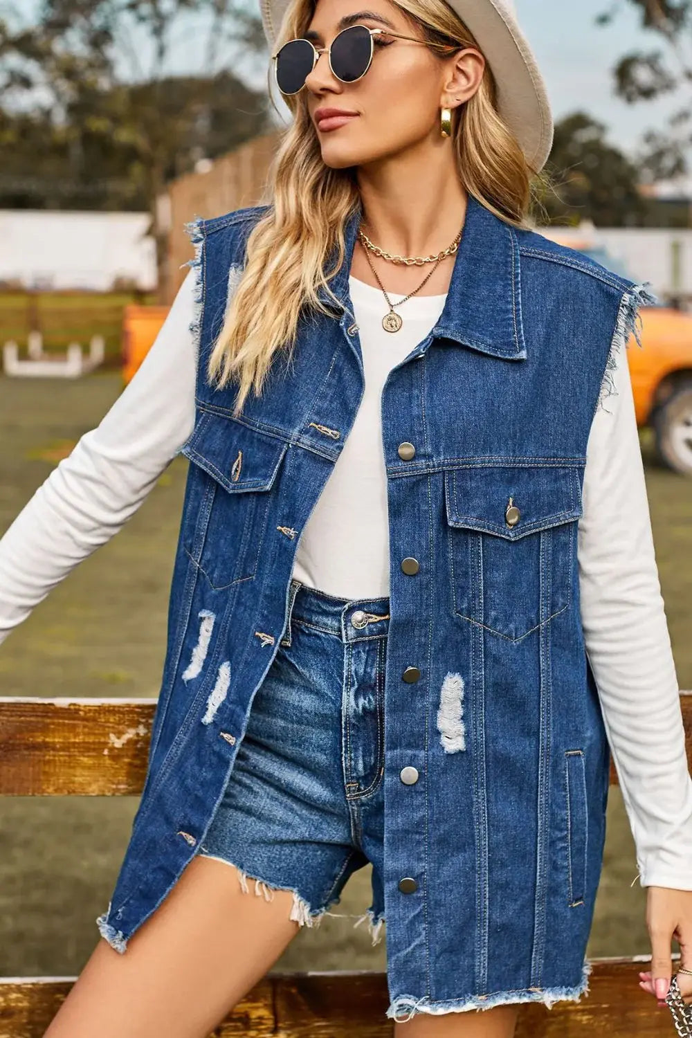 Sleeveless Button-Up Collared Denim Top with Pockets - Trendsi - Flyclothing LLC