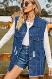 Sleeveless Button-Up Collared Denim Top with Pockets - Trendsi