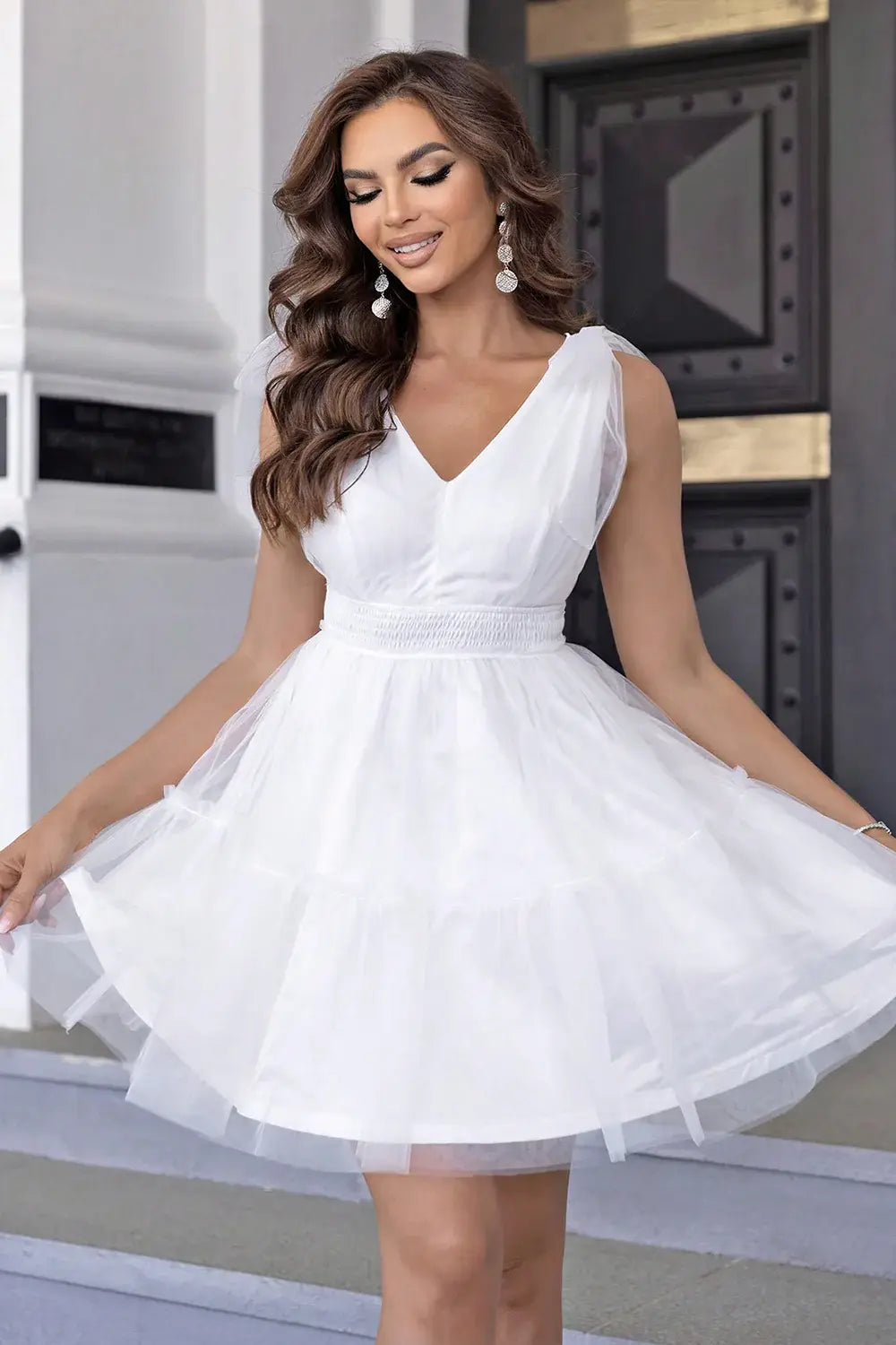 V-Neck Shoulder Detail Mesh Dress - Trendsi - Flyclothing LLC