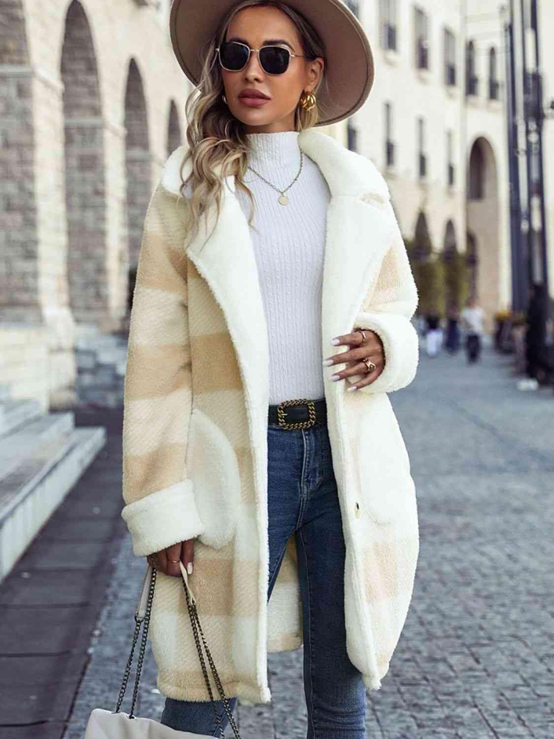 Plaid Button Down Coat with Pockets - Trendsi