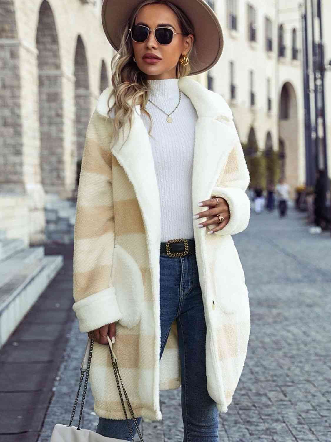 Plaid Button Down Coat with Pockets - Trendsi - Flyclothing LLC