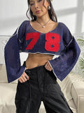 Contrast Patches Long Sleeve Cropped Knit Top - Trendsi