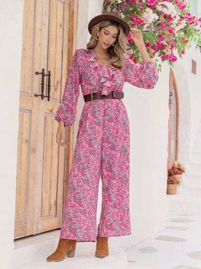 Printed Ruffled V-Neck Balloon Sleeve Jumpsuit - Trendsi - Flyclothing LLC