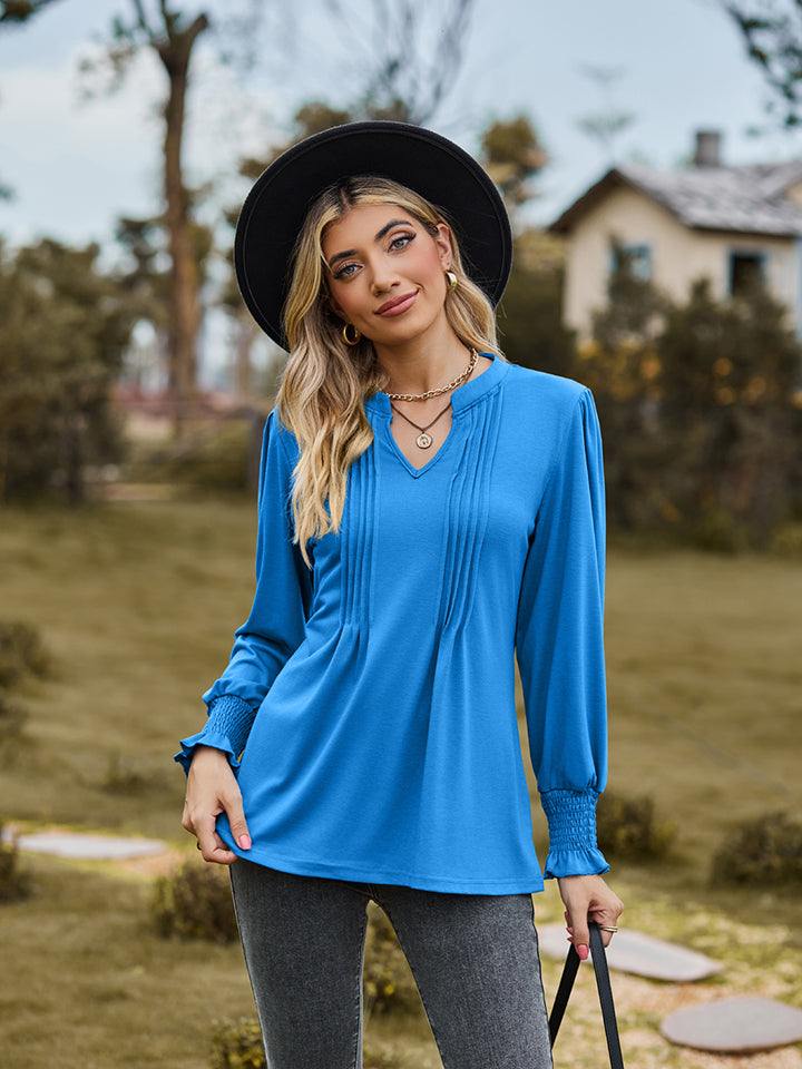 Notched Neck Flounce Sleeve Blouse - Trendsi