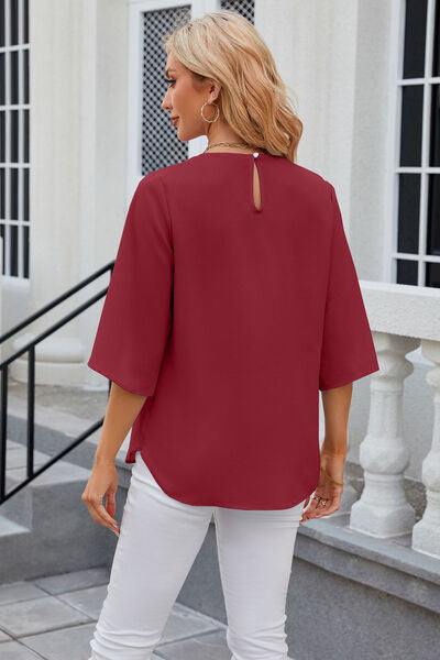 Round Neck Slit Half Sleeve Top - Trendsi