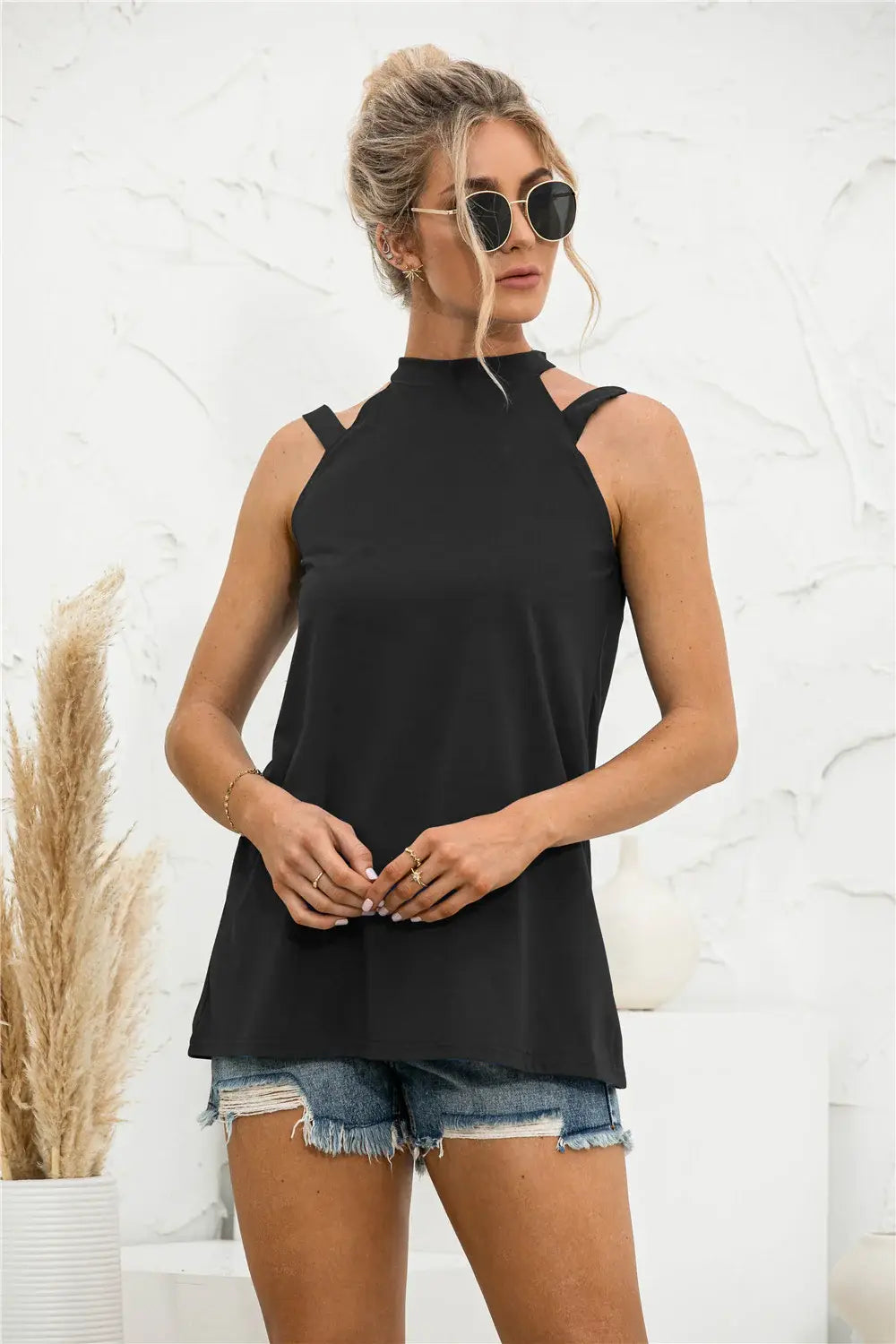 Cutout Mock Neck Tank - Trendsi - Flyclothing LLC