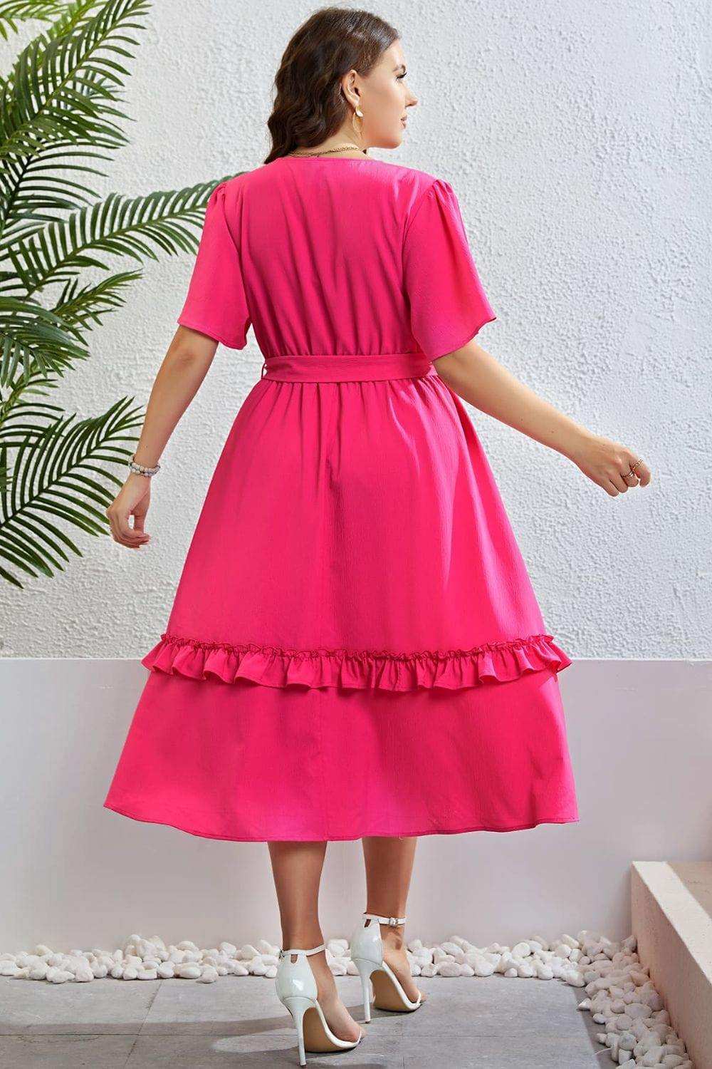 Belted Frill Trim Flutter Sleeve Dress - Trendsi - Flyclothing LLC