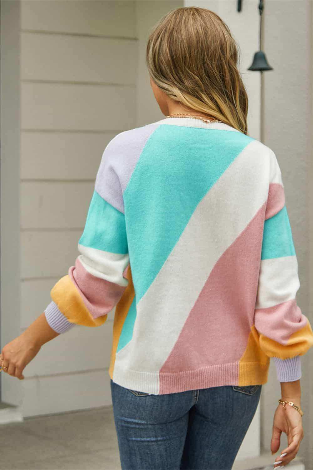 Color Block Round Neck Long Sleeve Sweater - Trendsi - Flyclothing LLC