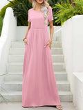 Round Neck Short Sleeve Maxi Dress with Pockets - Trendsi - Flyclothing LLC